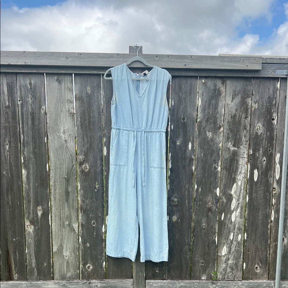 Light Blue Denim Sleeveless Jumpsuit with Waist Tie